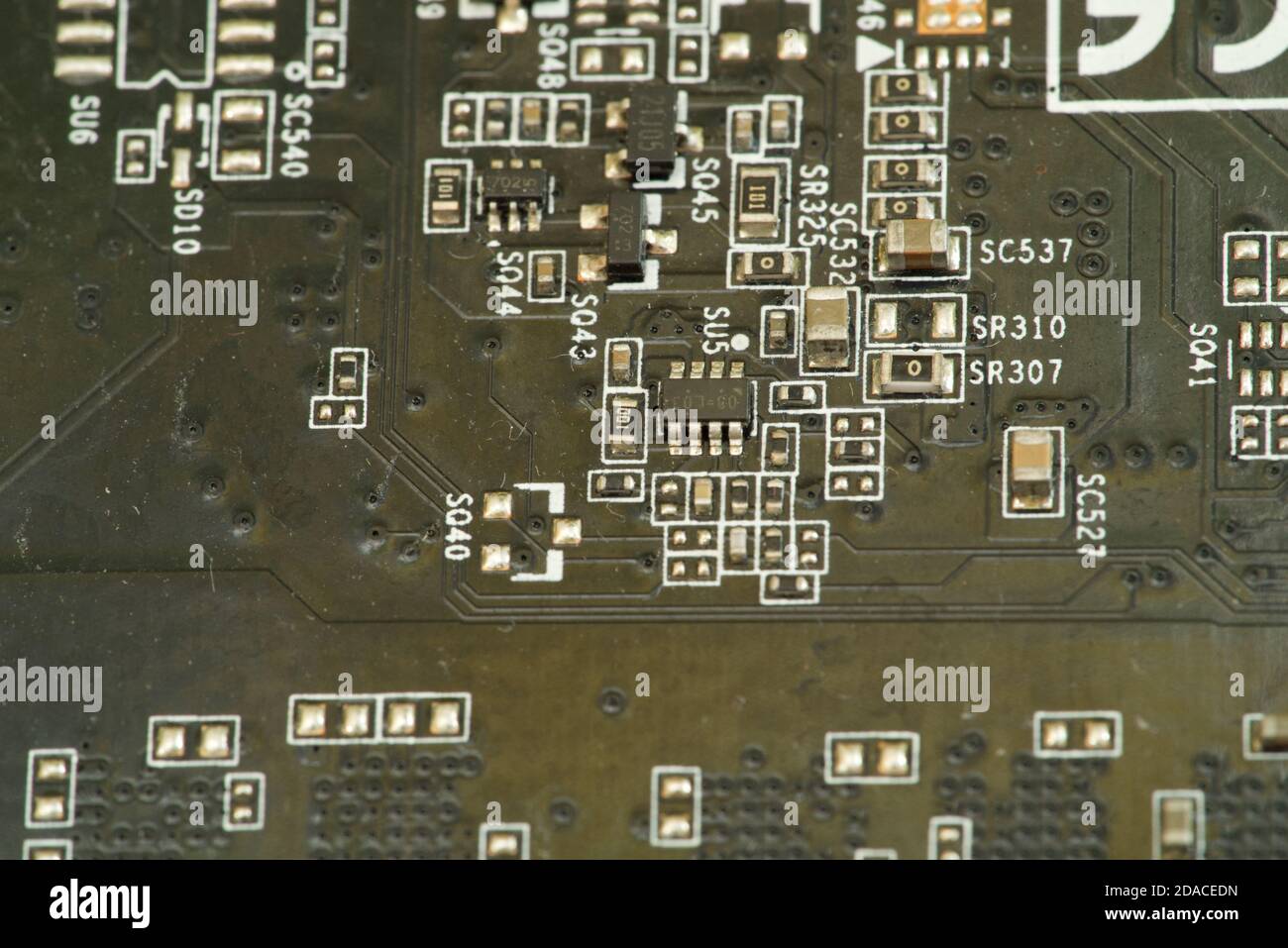 various chips on a textolite video card board for a modern desktop computer Stock Photo