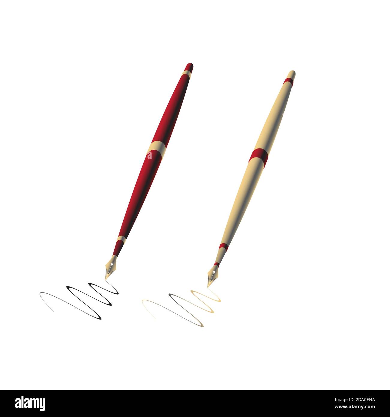 Two fountain pen in red and gold color body with drawing line on paper in white background Stock Vector