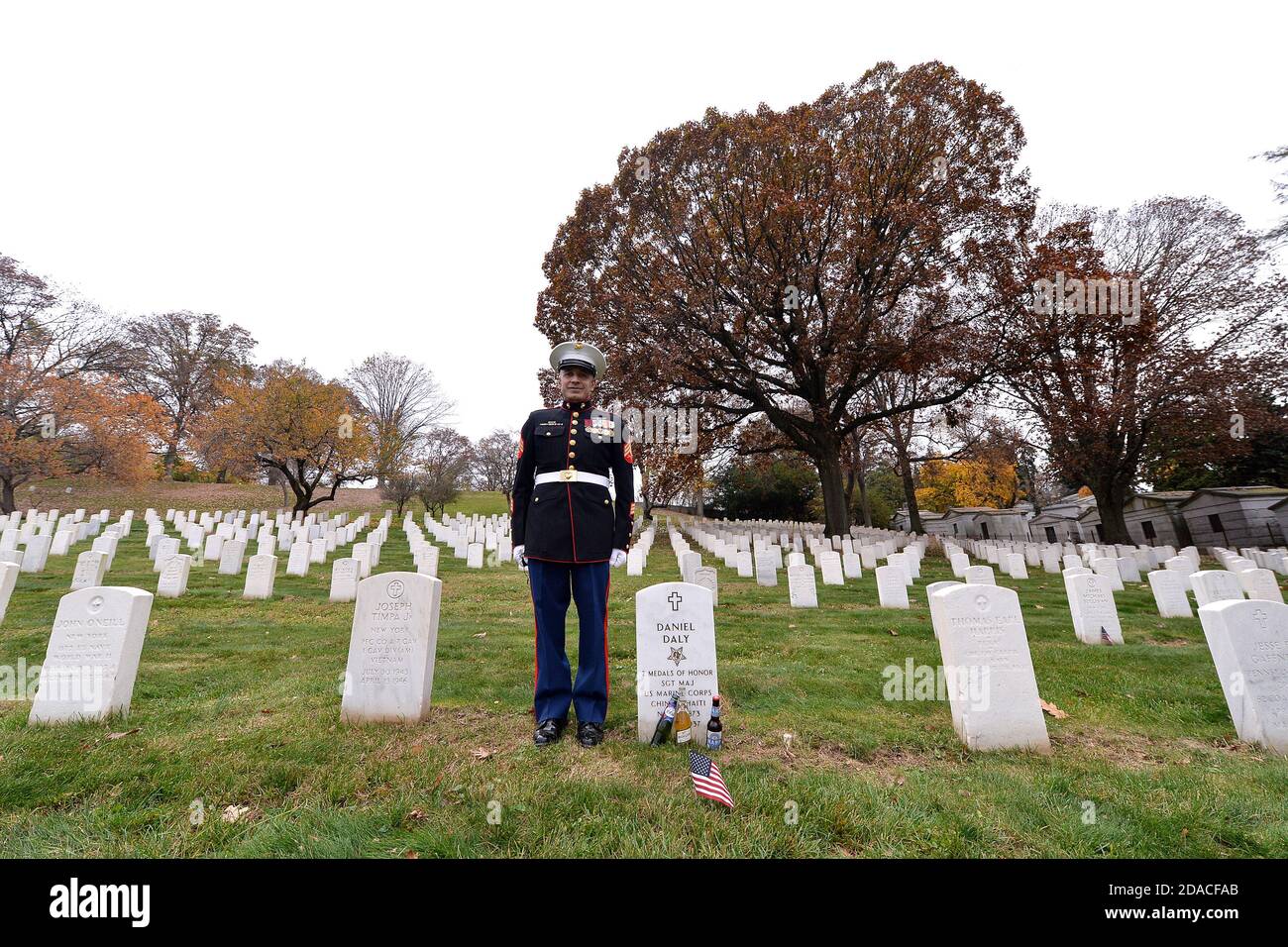 Former US Marine Albert Grajales stands at attention beside the headstone of honored United States Marine Daniel Dal (1837-1937), at Cypress Hills National Cemetery in the Brooklyn borough of New York, NY, on November 11, 2020. Mr. Grajales who also served in the Army and in the Air Force reserves, makes an annual pilgrimage to Cypress Hills National Cemetery on Veterans Day in memory of those lost in combat; United States Marine Daniel Daly is one of only two Marines to have received the Medal of Honor twice for two different actions. (Anthony Behar/Sipa USA) Stock Photo