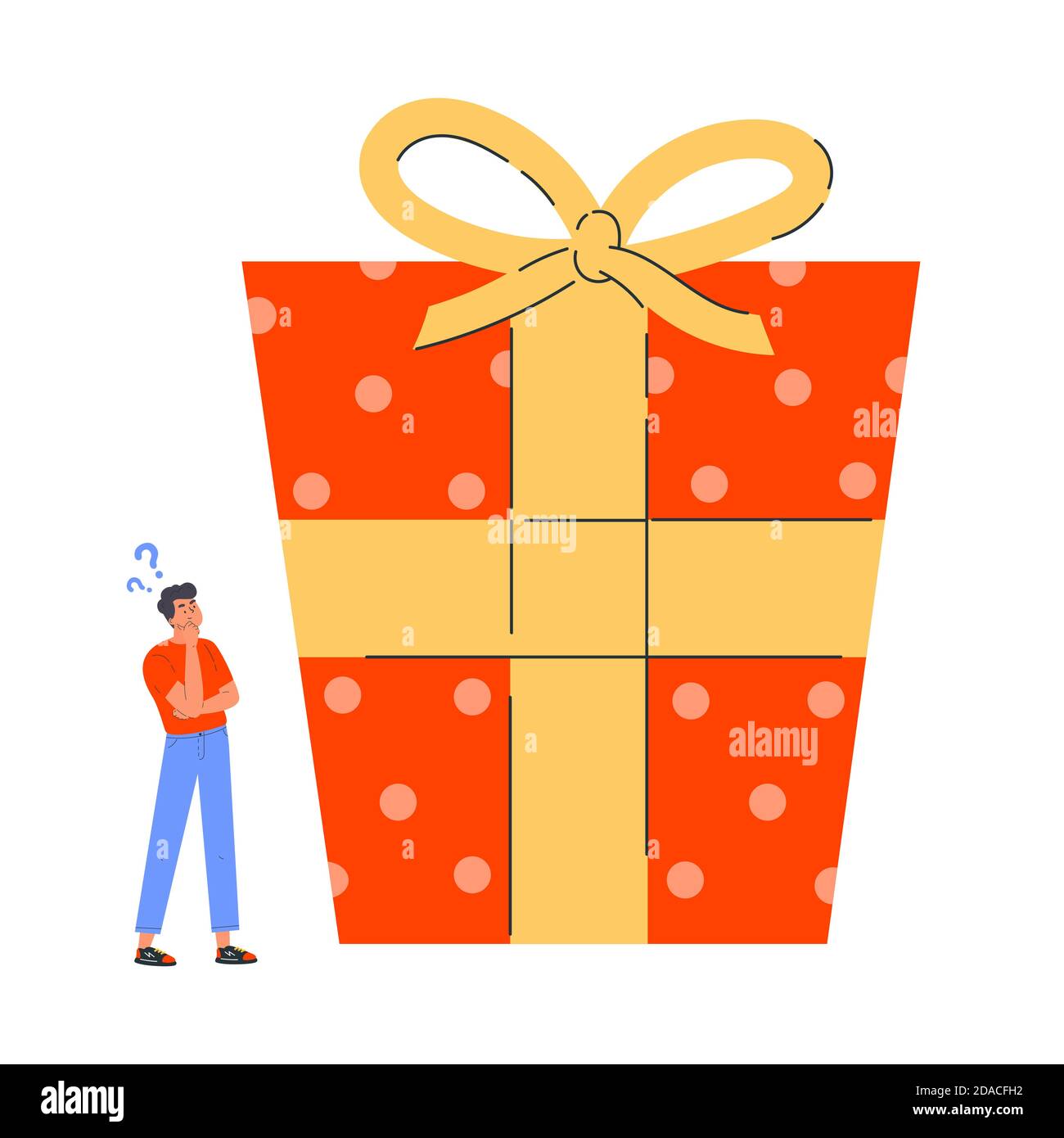 Young man in doubt thinks about present Stock Vector