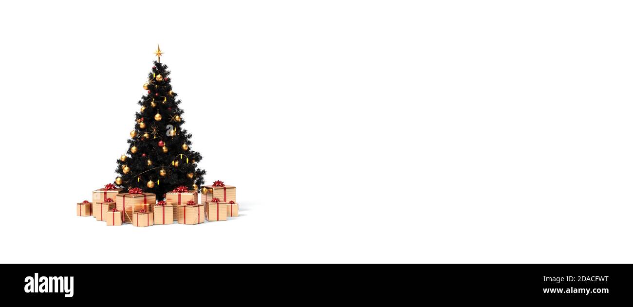 Christmas tree with gifts and gold ornaments 3D rendering Stock Photo ...