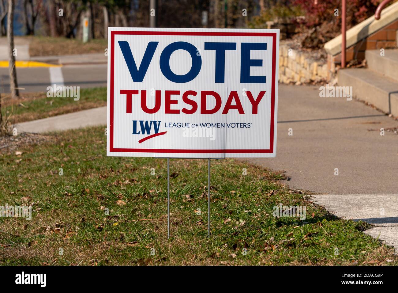 HUDSON, WI/USA - OCTOBER 31, 2020: League of Women Voters sign outside polling place in the United States. Stock Photo