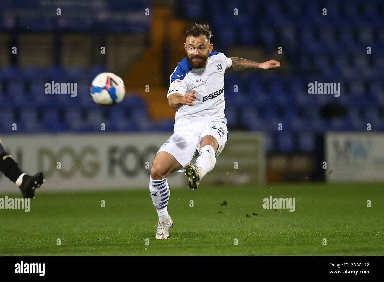 Birkenhead, UK. 11th Nov, 2020. Danny Lloyd of Tranmere Rovers shoots at goal from distance. The Papa John's Trophy, EFL Trophy, group D match, Tranmere Rovers v Wigan Athletic at Prenton Park, Birkenhead, Wirral on Wednesday 11th November 2020. this image may only be used for Editorial purposes. Editorial use only, license required for commercial use. No use in betting, games or a single club/league/player publications.pic by Chris Stading/Andrew Orchard sports photography/Alamy Live News Credit: Andrew Orchard sports photography/Alamy Live News Stock Photo