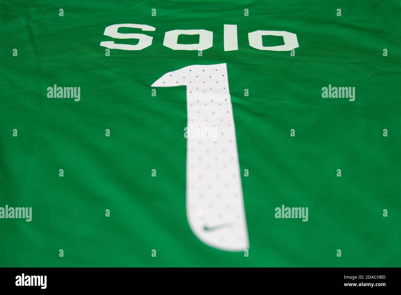 Back of a Hope Solo replica green goal keeper shirt with large number one Stock Photo