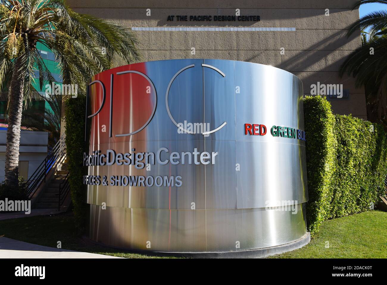 WEST HOLLYWOOD, CALIFORNIA - 10 NOV 2020: Sign at the Pacific Design Center a mulit-use facility for the design community, with three building in RGB, Stock Photo