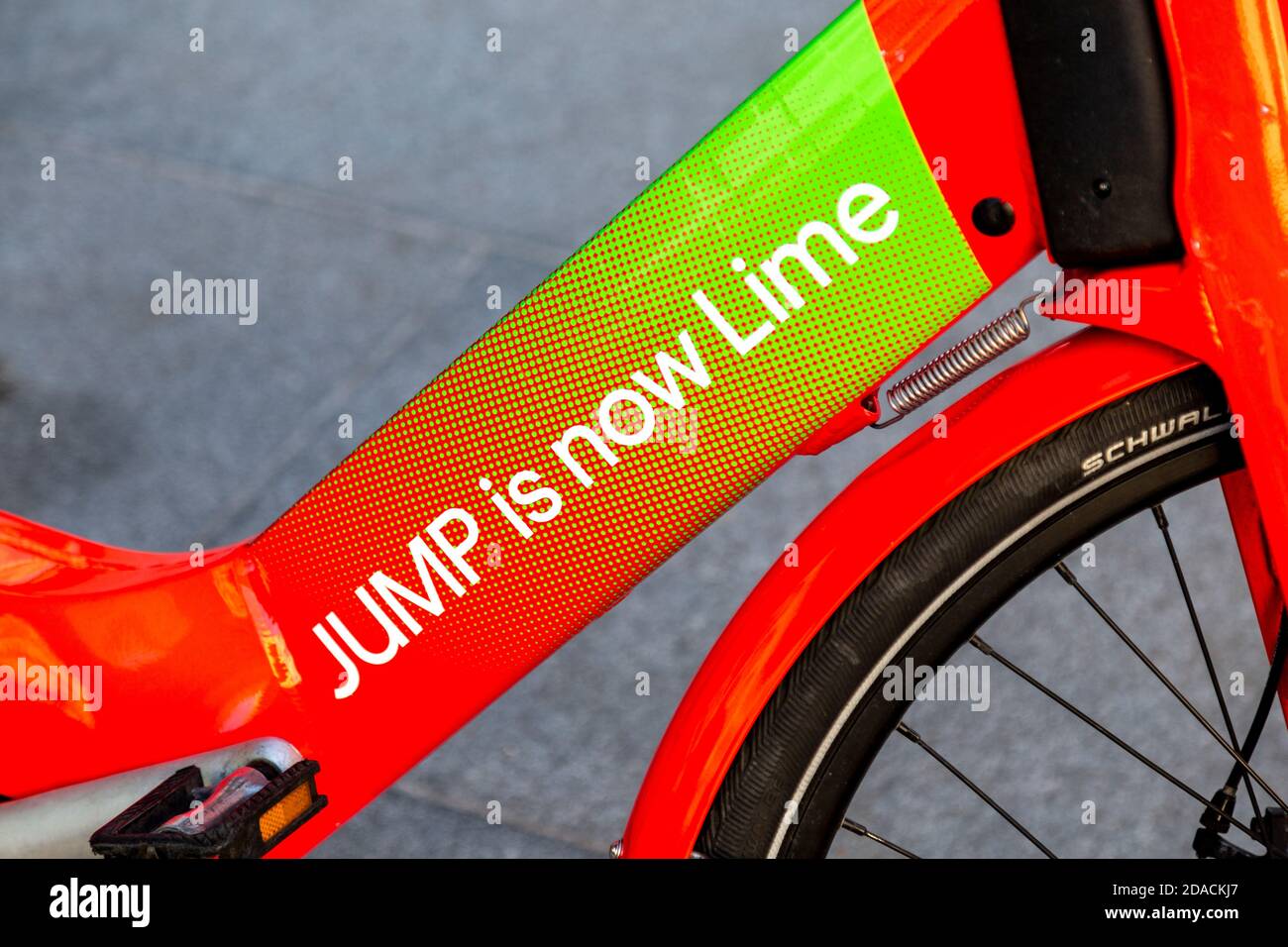 Dockless JUMP electric bicycle rebranded by Lime after taking over from Uber in London, UK Stock Photo