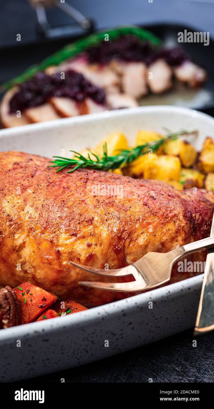 Roasted Turkey Meal With Garnishes Stock Photo