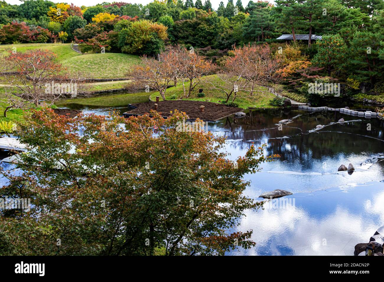 Suzaku no Niwa Garden at Umekoji Park was built to commemorate the 1200th anniversary of the Heian Period (7984-1192).  The garden features landscape Stock Photo