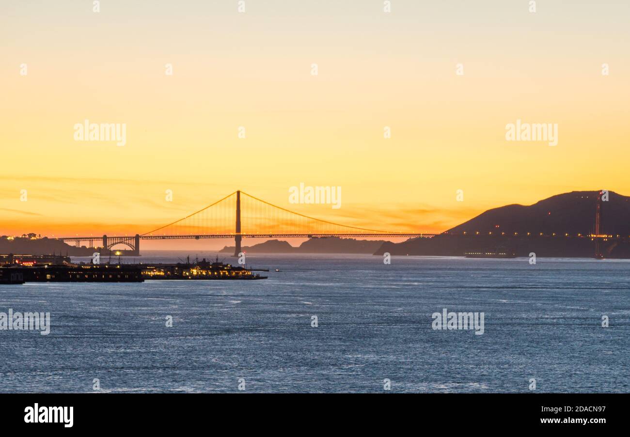 Panoramic beautiful scenic view of the Golden Gate Bridge at dusk, San Francisco, California, USA Stock Photo
