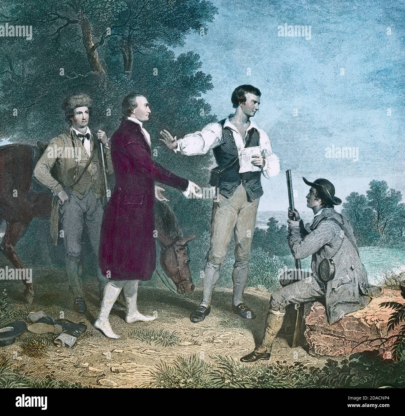 Antique hand-colored engraving, “The Capture of Major André” after painting by Asher Brown Durand. John André (1751-1780) was a major in the British Army and head of its Secret Service in America during the American Revolutionary War. He was hanged as a spy by the Continental Army for assisting Benedict Arnold's attempted surrender of the fort at West Point, New York, to the British. SOURCE: ANTIQUE GLASS SLIDE Stock Photo