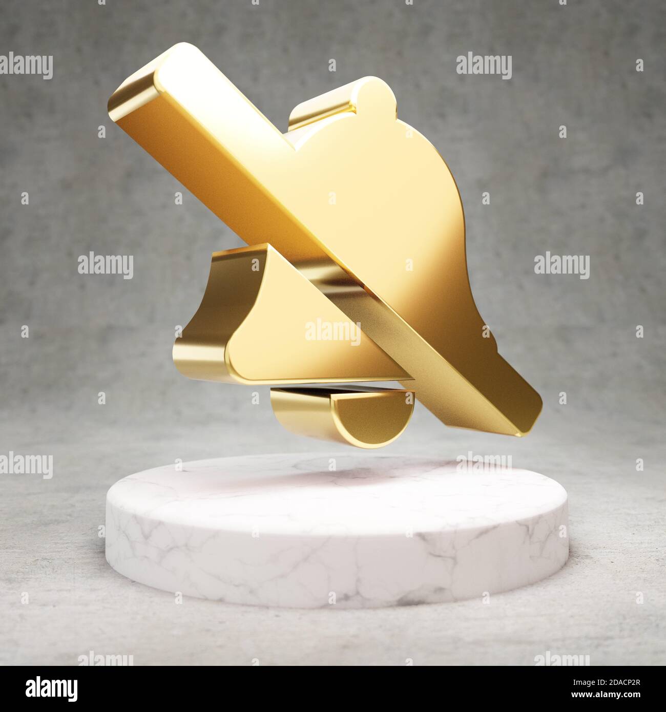 Bell Slash icon. Gold glossy Bell Slash symbol on white marble podium ...
