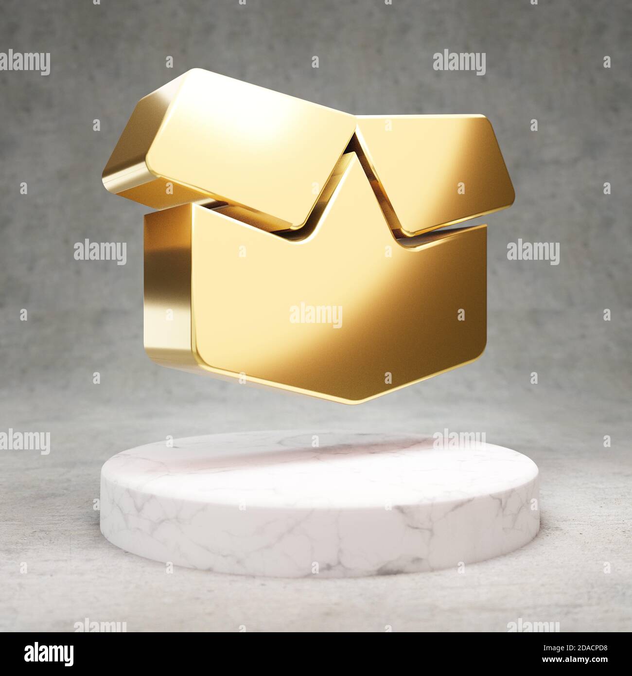 Open Box icon. Gold glossy Open Box symbol on white marble podium. Modern icon for website, social media, presentation, design template element. 3D render. Stock Photo