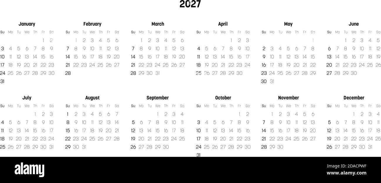 Monthly calendar of year 2027. Week starts on Sunday. Block of months