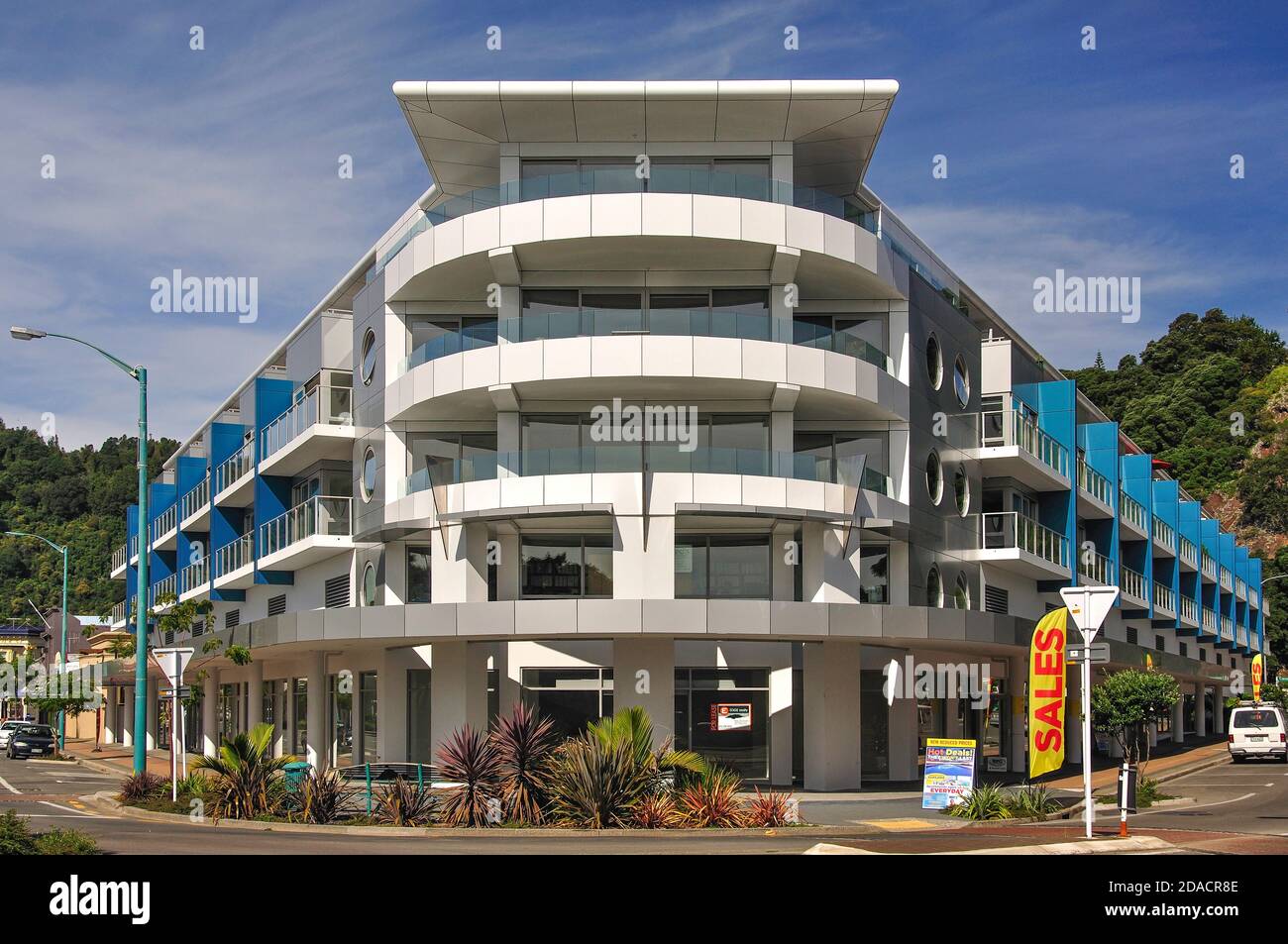 Quayside apartment building, The Strand, Whakatane, Bay of Plenty Region, North Island, New Zealand Stock Photo