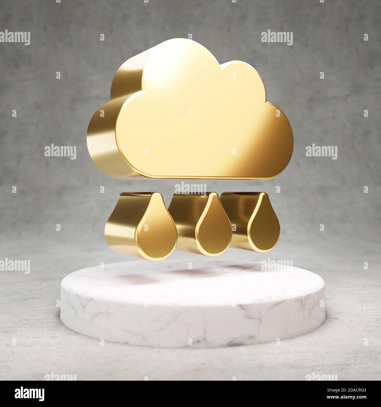 Cloud Rain icon. Gold glossy Cloud Rain symbol on white marble podium ...