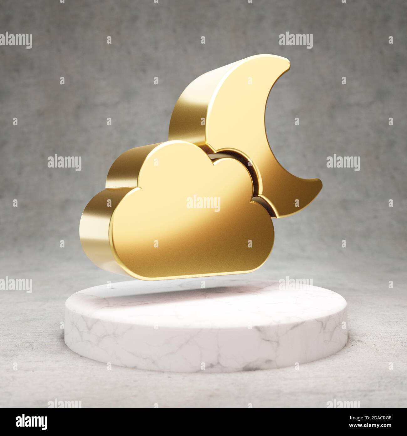 Cloud Moon icon. Gold glossy Cloud Moon symbol on white marble podium ...