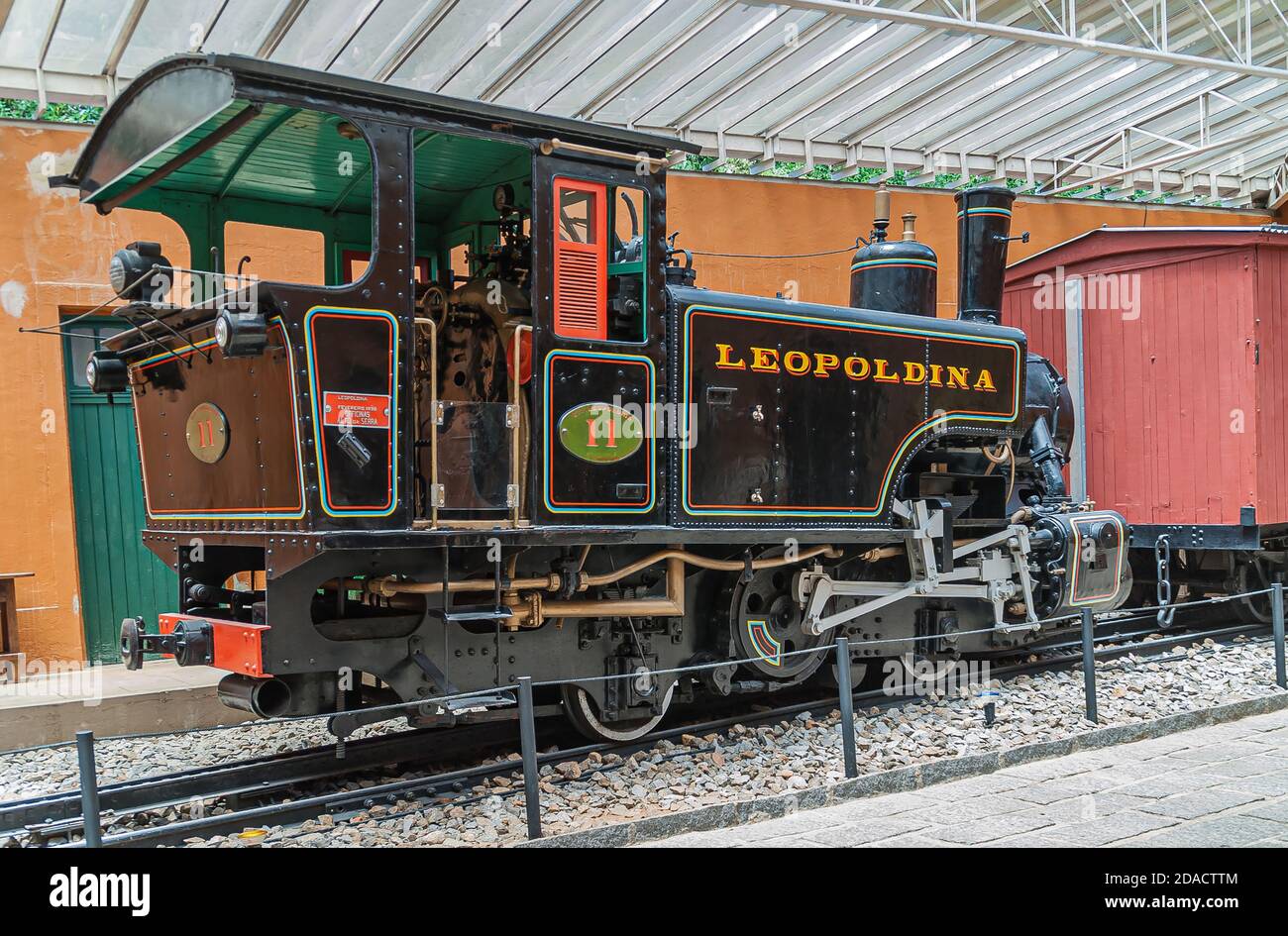 Petropolis, Brazil - December 23, 2008: closeup of black historic train locomotive named Leopoldina in Imperial Museum. Stock Photo