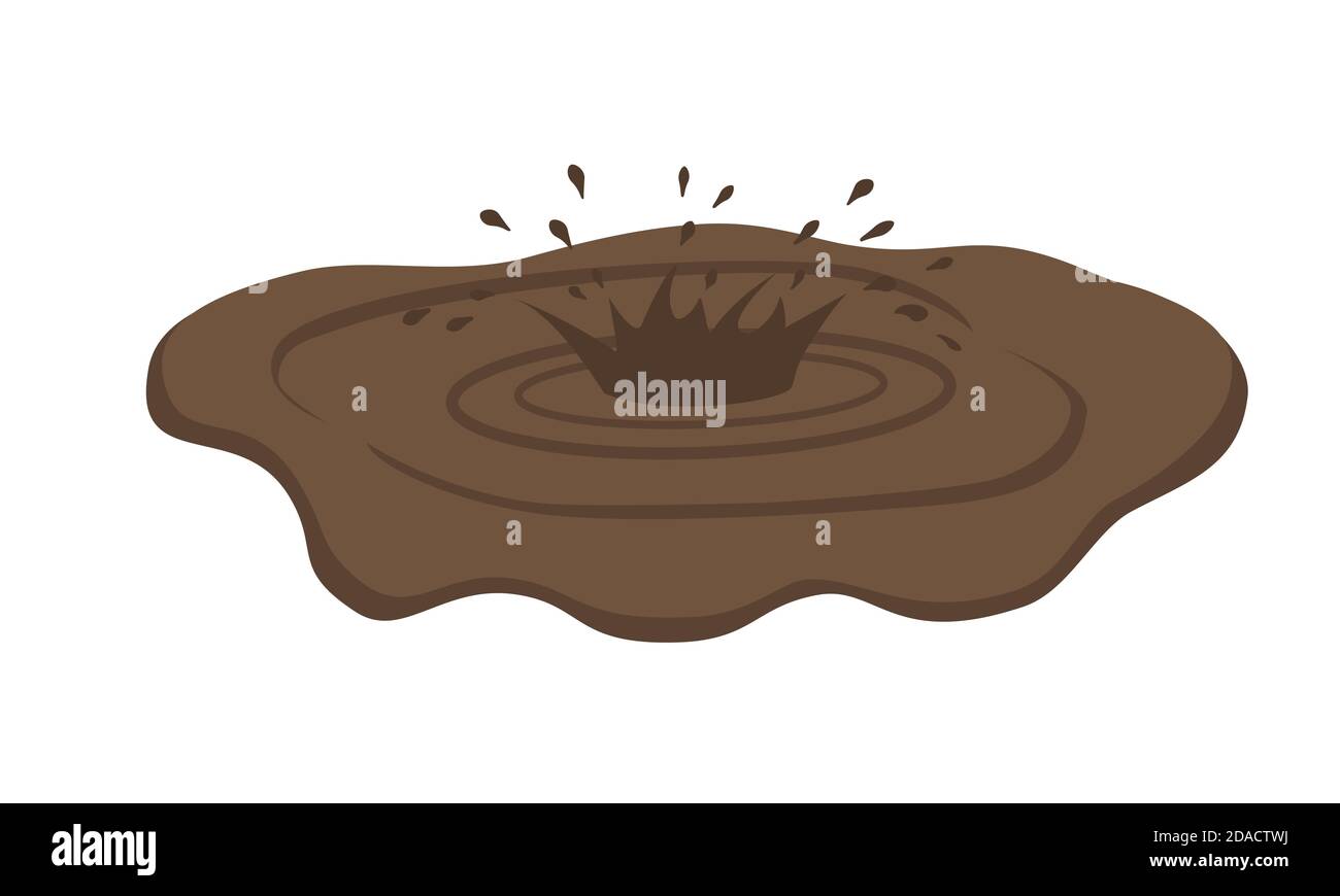 Puddle of mud with splash. Dirty brown stain on white background. Vector illustration in flat cartoon style. Stock Vector