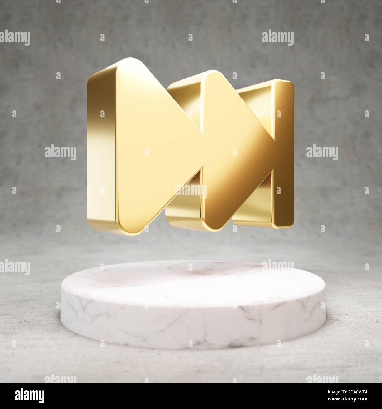 Fast Forward icon. Gold glossy Fast Forward symbol on white marble podium. Modern icon for website, social media, presentation, design template element. 3D render. Stock Photo