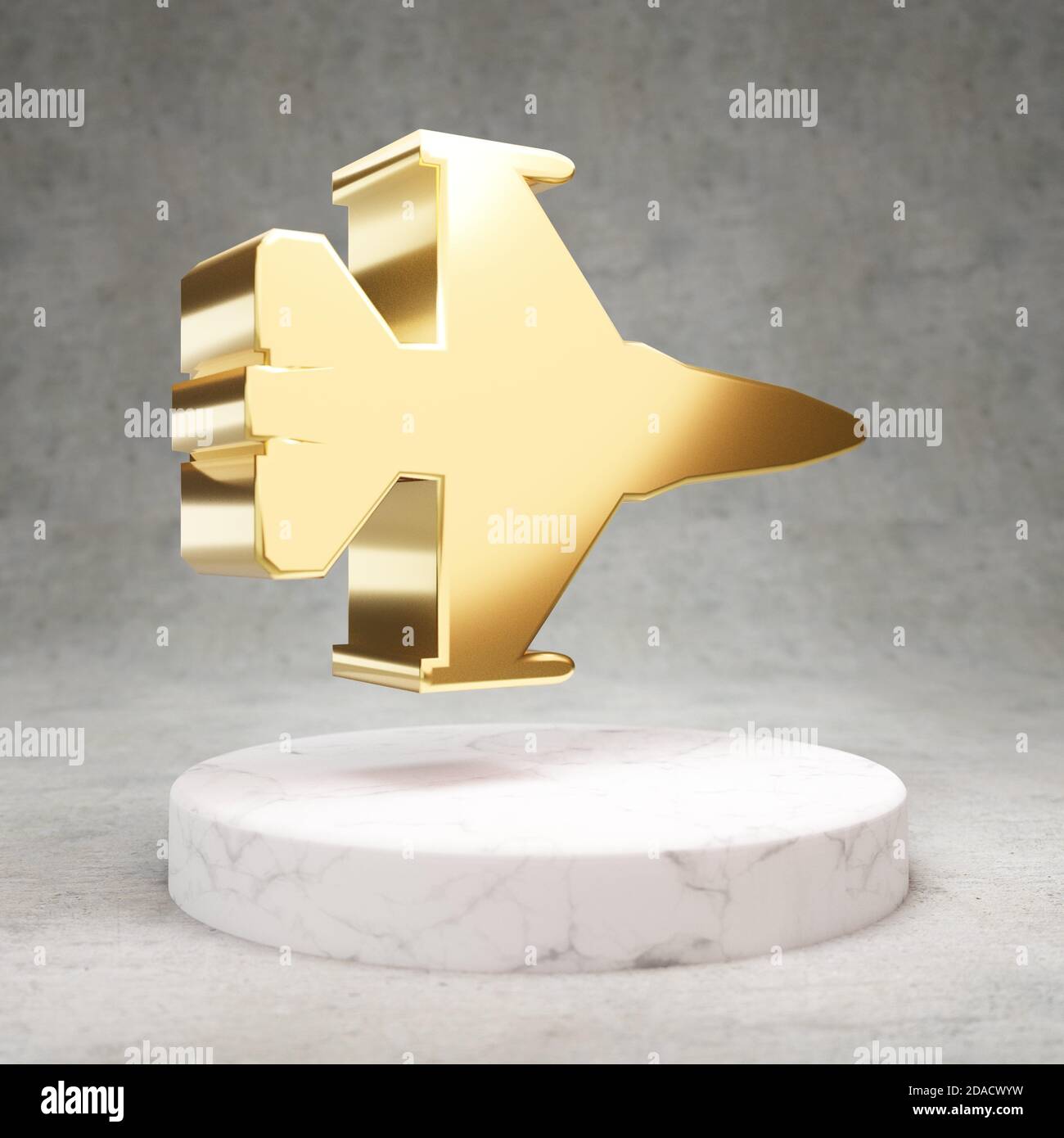 Fighter Jet icon. Gold glossy Fighter Jet symbol on white marble podium ...