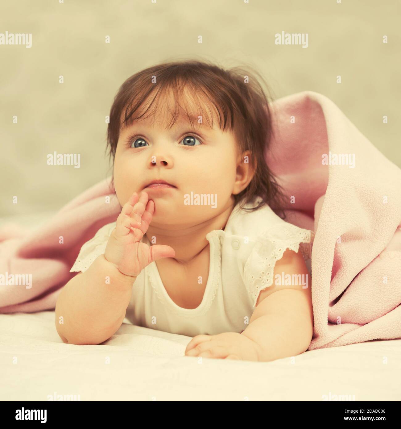 Happy six months old baby girl lying on blanket at home Stock Photo Alamy