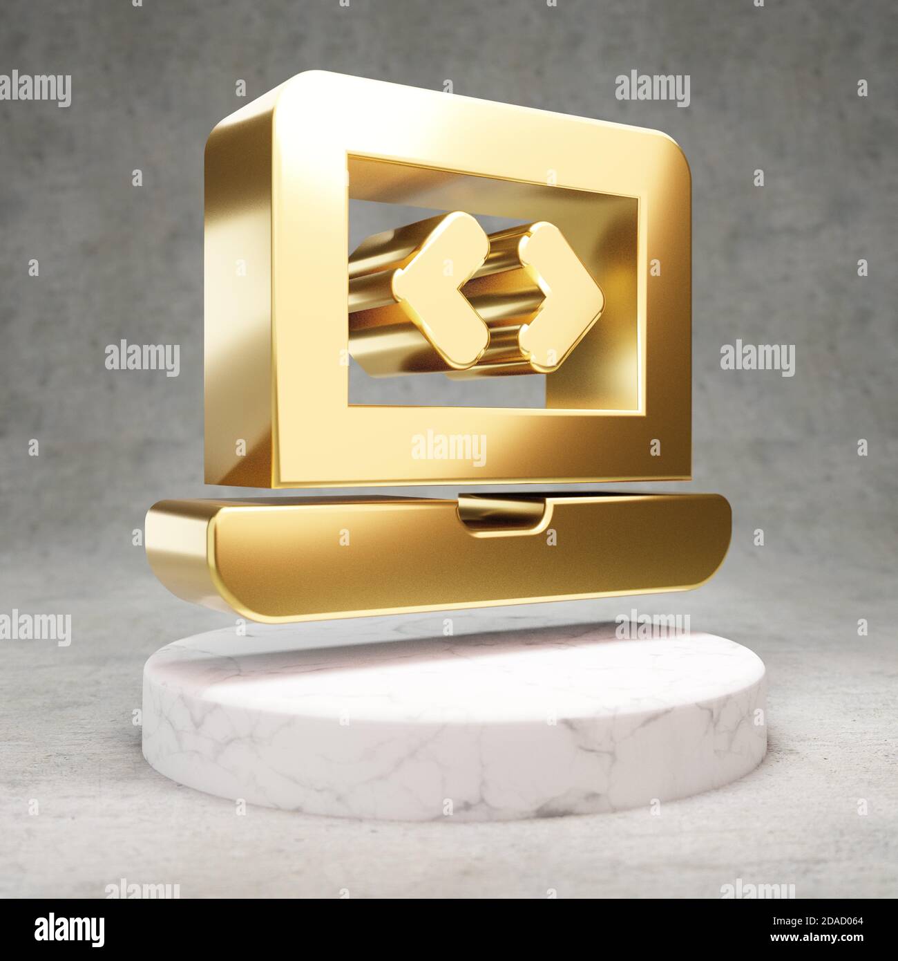 Laptop Code icon. Gold glossy Laptop Code symbol on white marble podium ...
