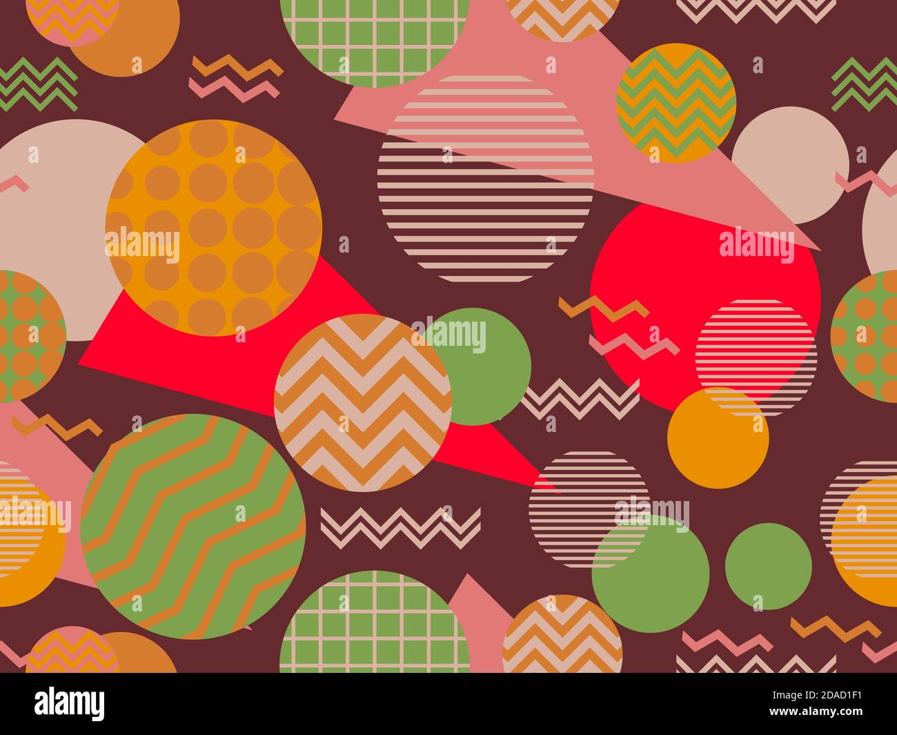 Seamless pattern with geometric shapes in the style of the 80s. Circles with zigzags. Background with triangles, circles and squares for brochures, ba Stock Vector