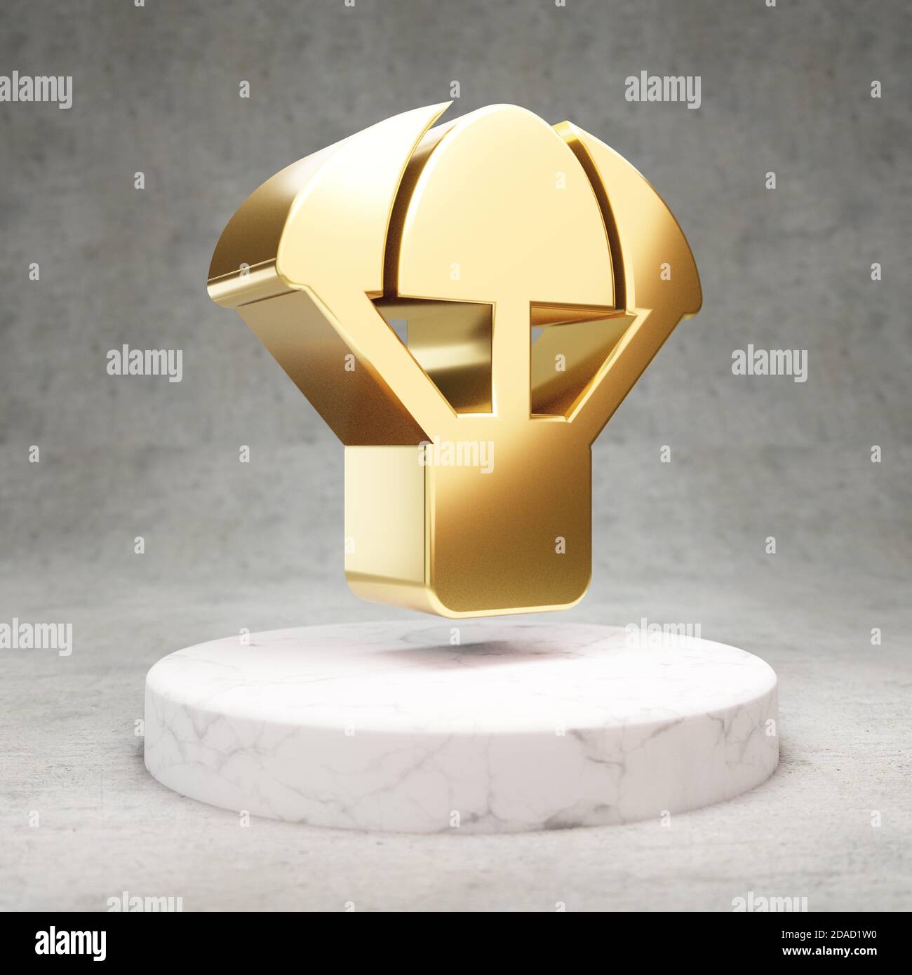 Parachute Box icon. Gold glossy Parachute Box symbol on white marble podium. Modern icon for website, social media, presentation, design template element. 3D render. Stock Photo
