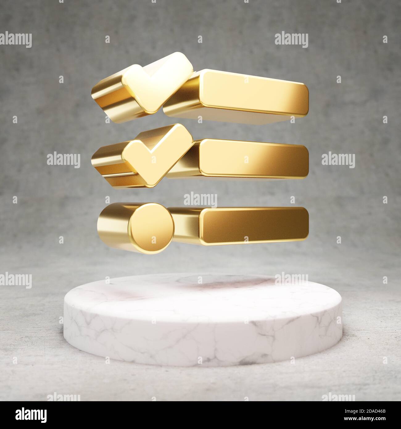 Tasks icon. Gold glossy Tasks symbol on white marble podium. Modern ...