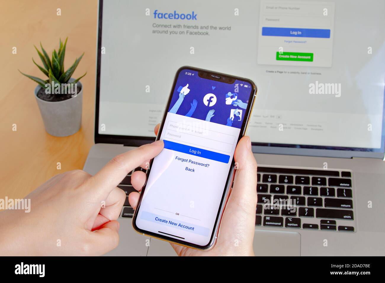 Calgary, Alberta. Canada. Nov 11 2020: A close up of a person using Facebook app on an iPhone Pro 12 and Macbook Pro on a wooden table with a plant. Stock Photo