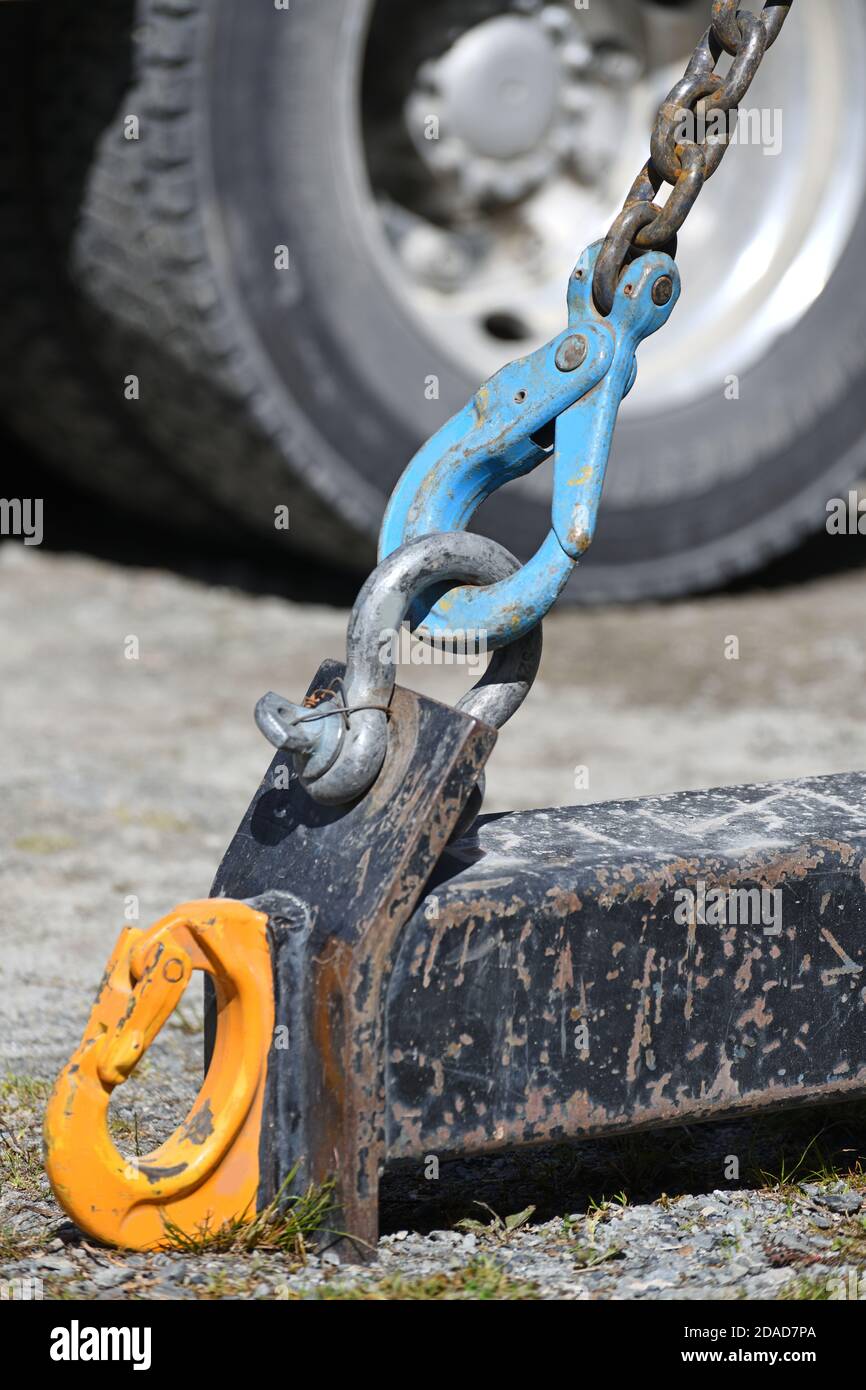 detail of a hook and lifting gear used on a small crane Stock Photo