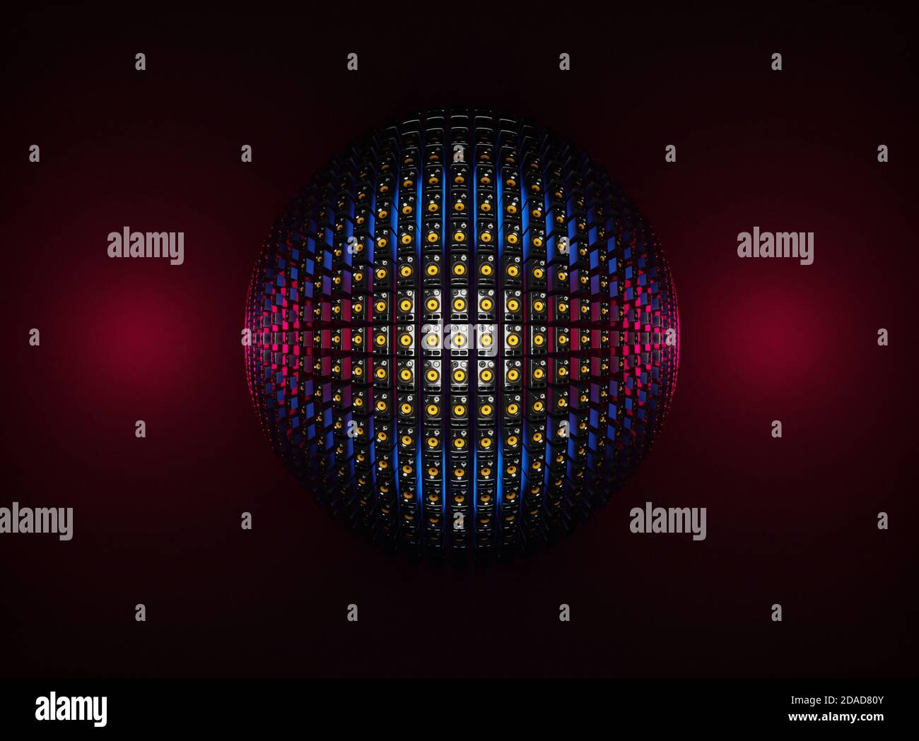 Disco ball made of loudspeakers with colorful lights. Digital 3D render