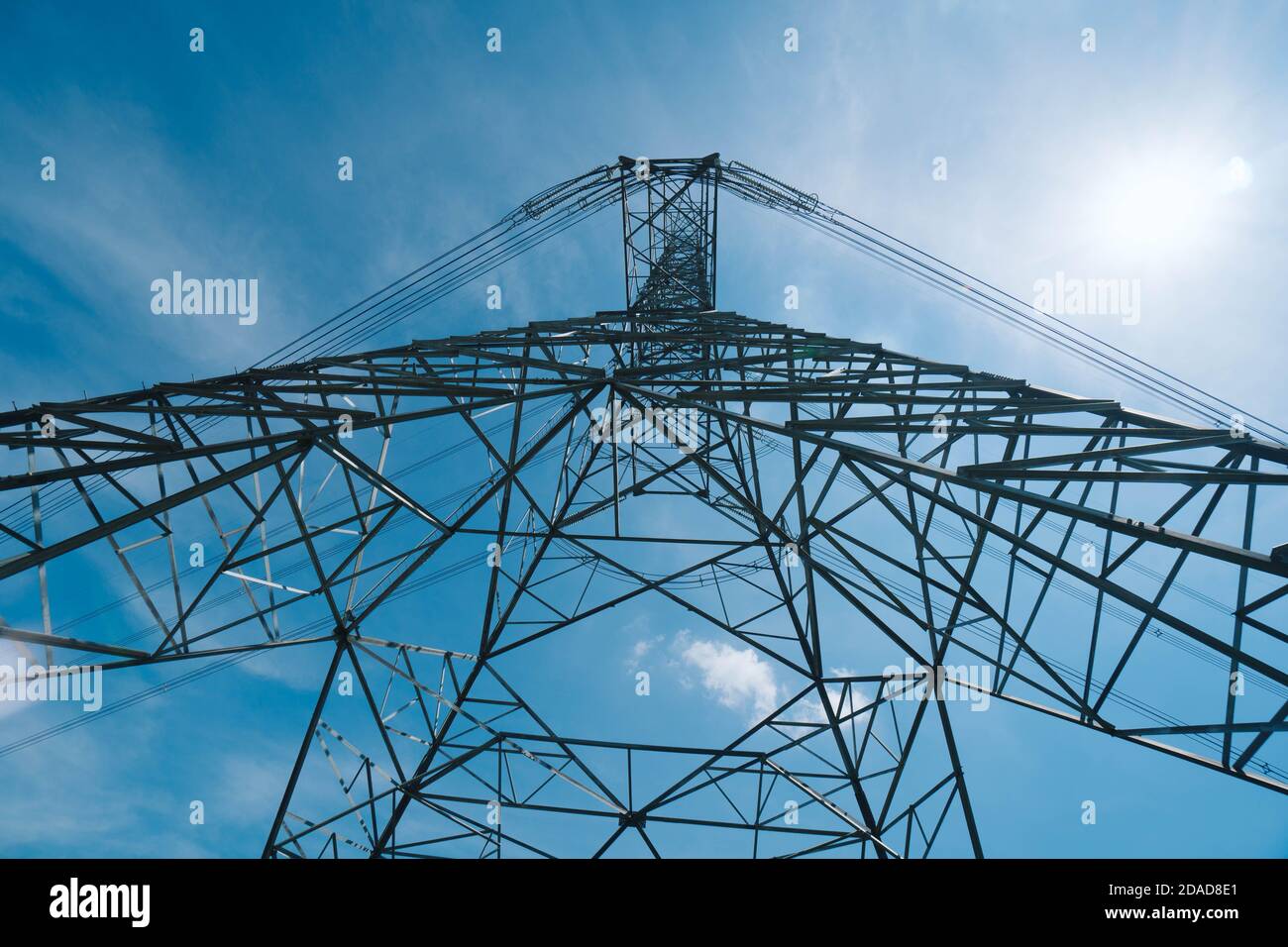 High voltage electric power transmission with blue sky Stock Photo - Alamy