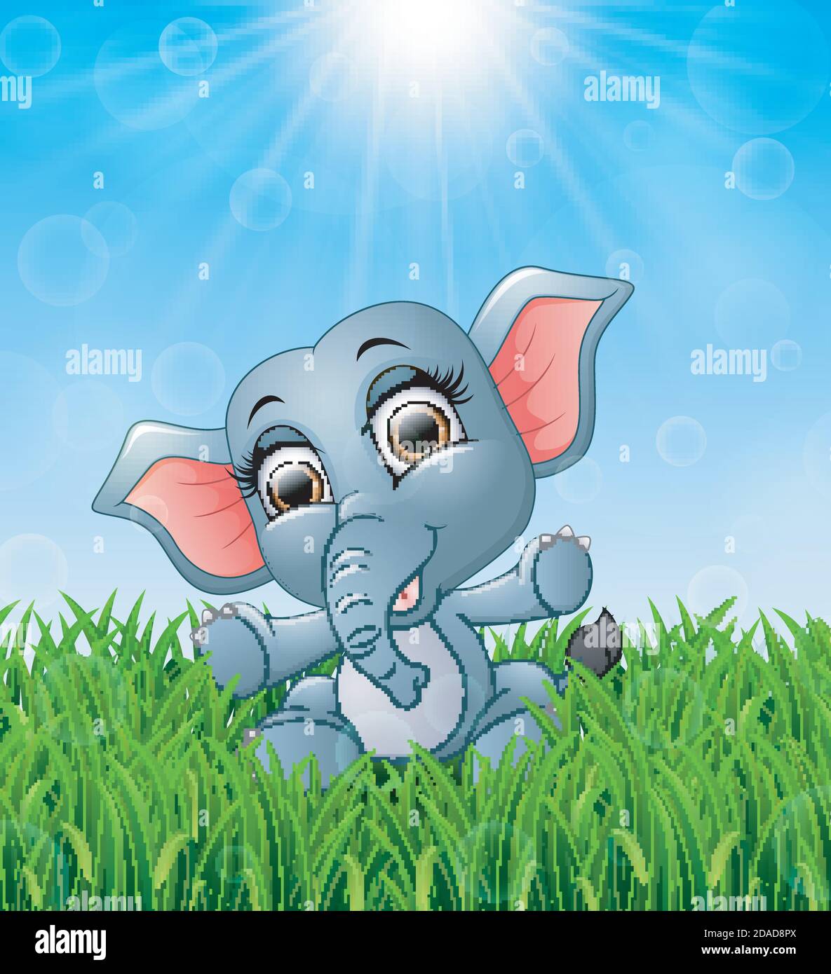 Vector illustration of Cartoon baby elephant sitting in the grass on a
