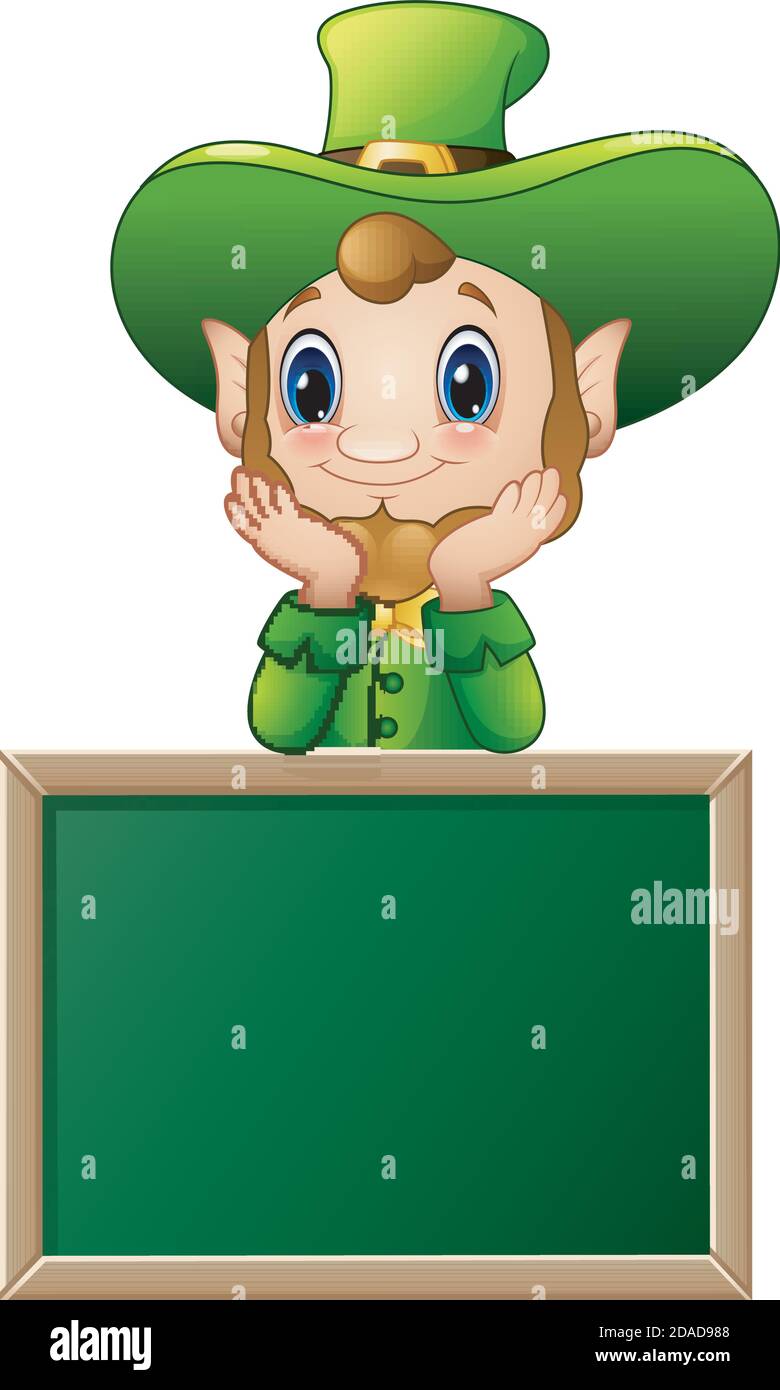Vector illustration of Funny Leprechaun cartoon with chalkboard sign