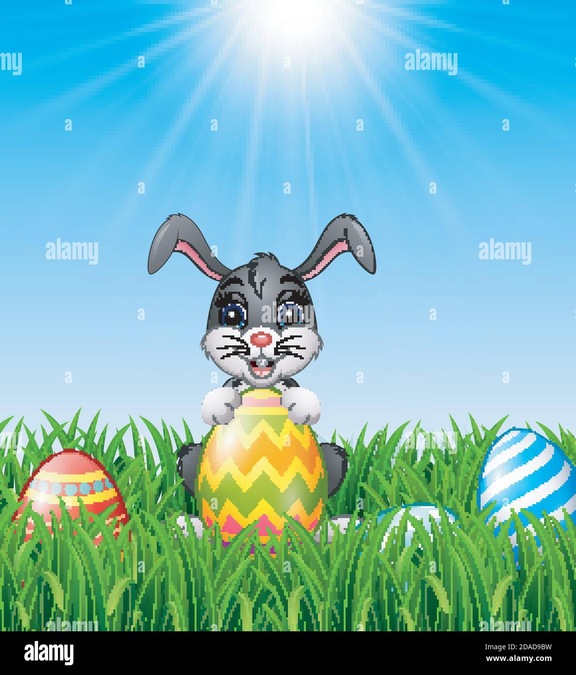 Vector illustration of Cartoon bunny holding easter eggs in the grass ...