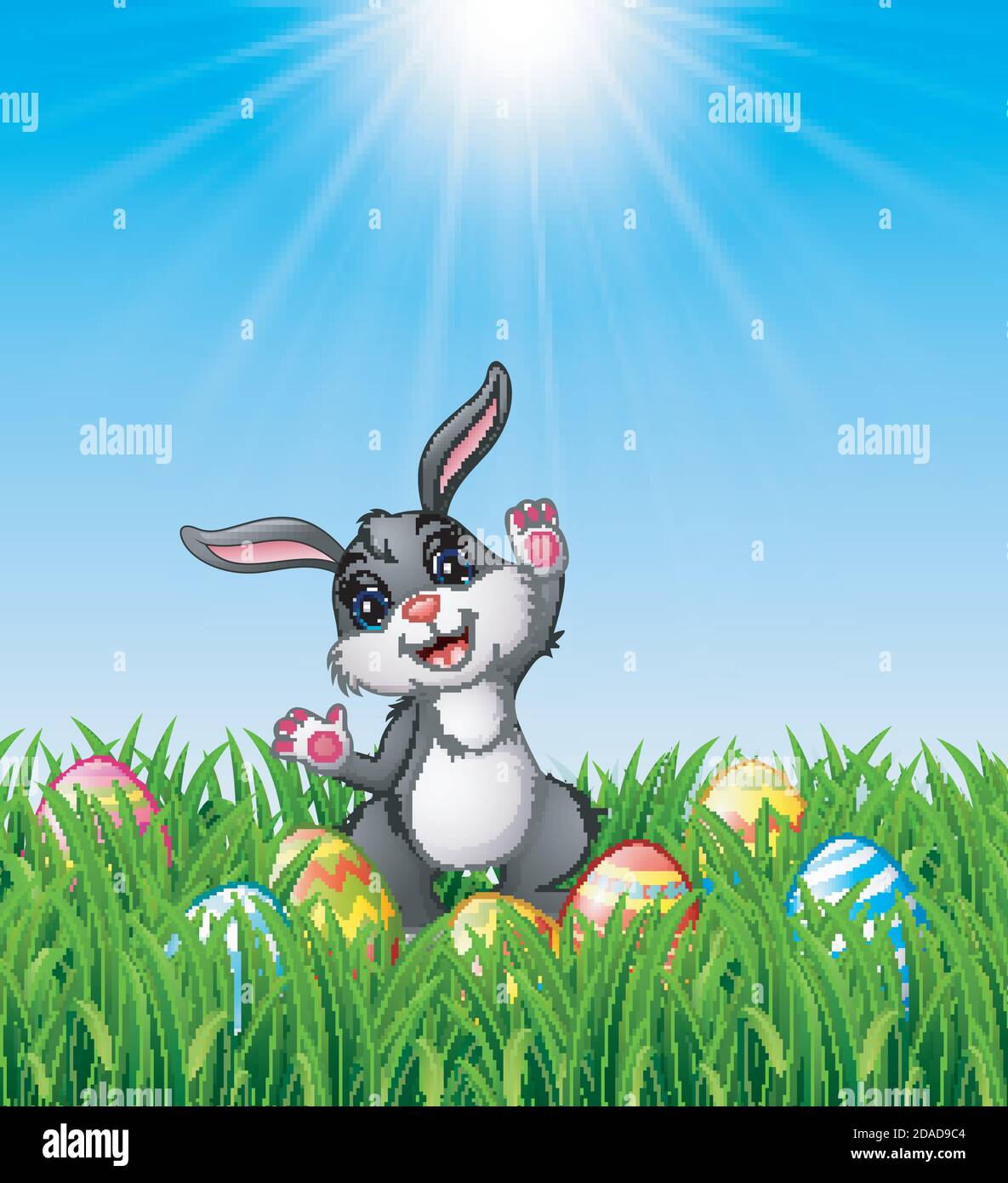 Vector illustration of Cartoon rabbit with easter eggs in the grass ...