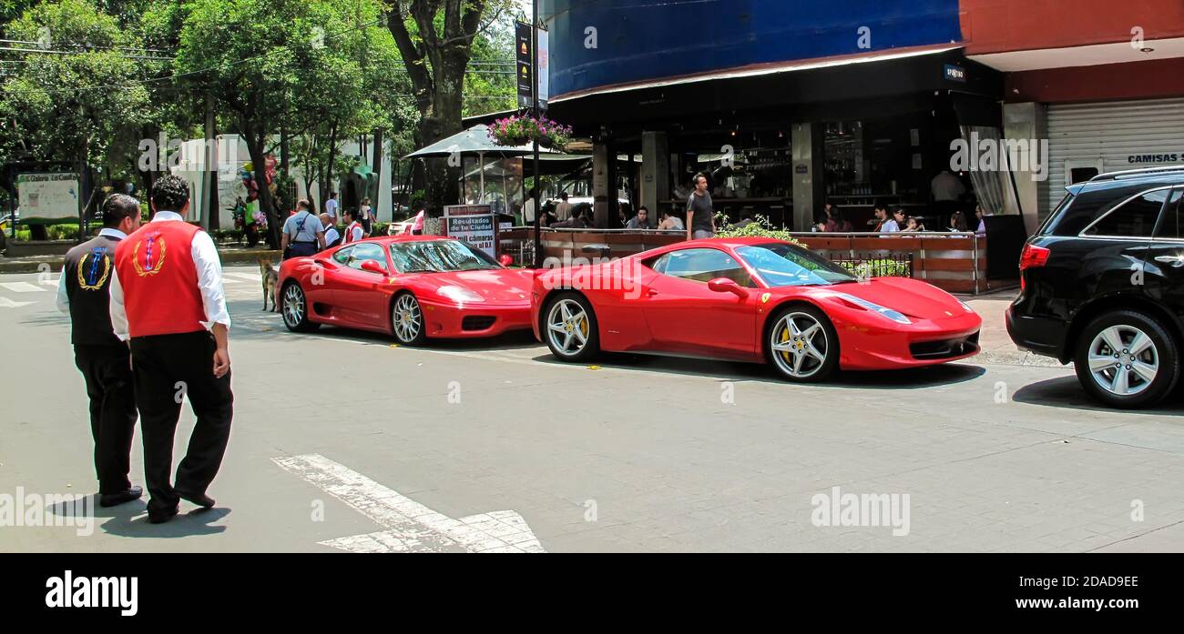 Ferrari sports cars outside restaurant in Polanco, Mexico City, Mexico Stock Photo