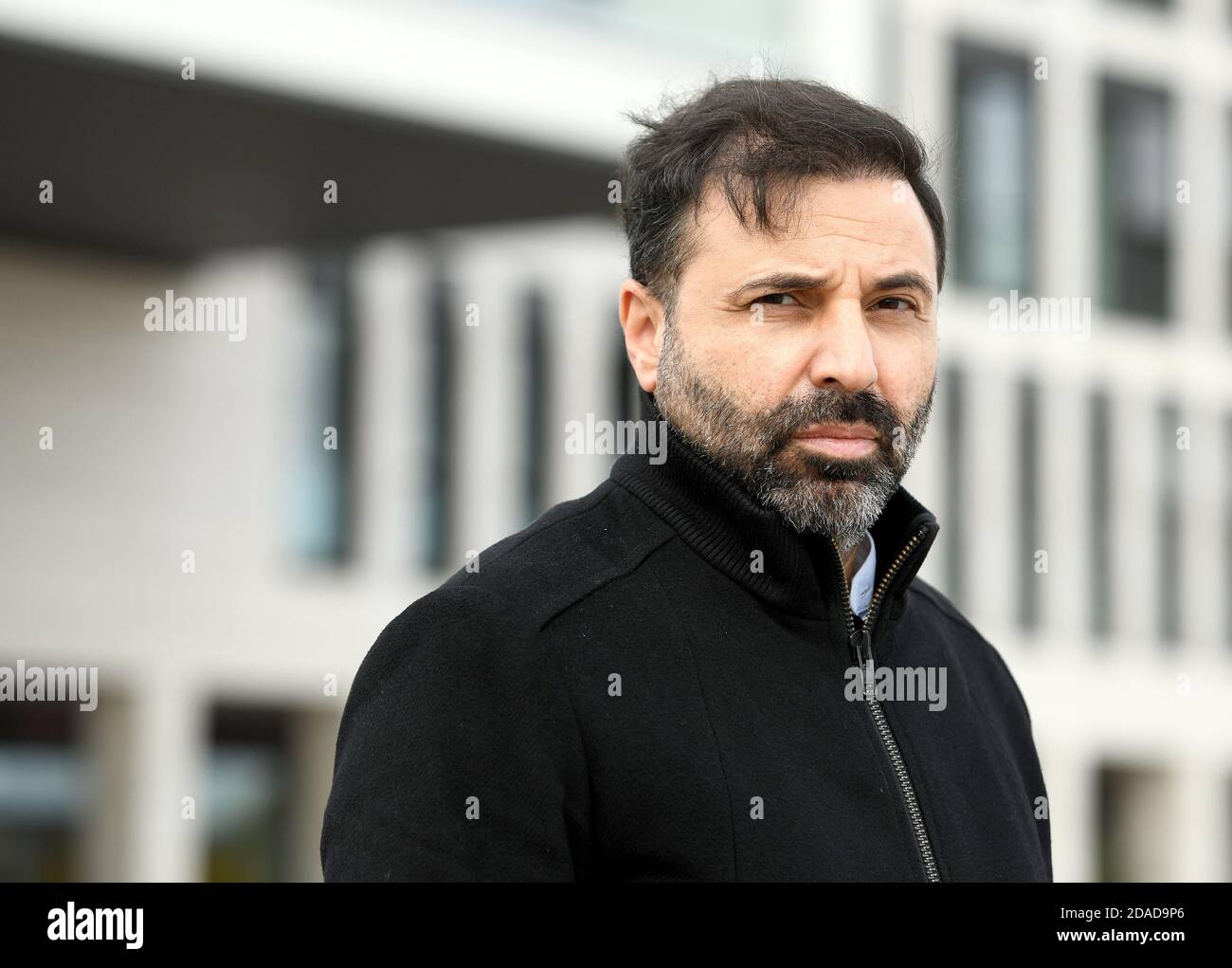 Gelsenkirchen, Germany. 03rd Nov, 2020. Reza Tehrani, manager of the Düsseldorf fashion manufacturer Prps, stands in front of the Stölting Harbor building, the headquarters of the Stölting Service Group. (to KORR report: 'The crux with the mouthguard business - company insists on payment') Credit: Caroline Seidel/dpa/Alamy Live News Stock Photo