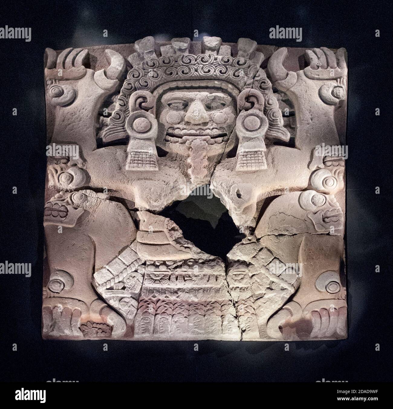 Prehispanic Aztec stone sculpture on display at the Templo Mayor, Mexico City, Mexico Stock Photo