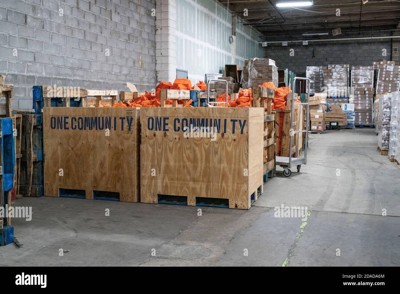 New York, NY - November 11, 2020: View of warehouse where fresh local food to veterans kept during HelloFresh Veterans Day Packing Event in Brooklyn Stock Photo