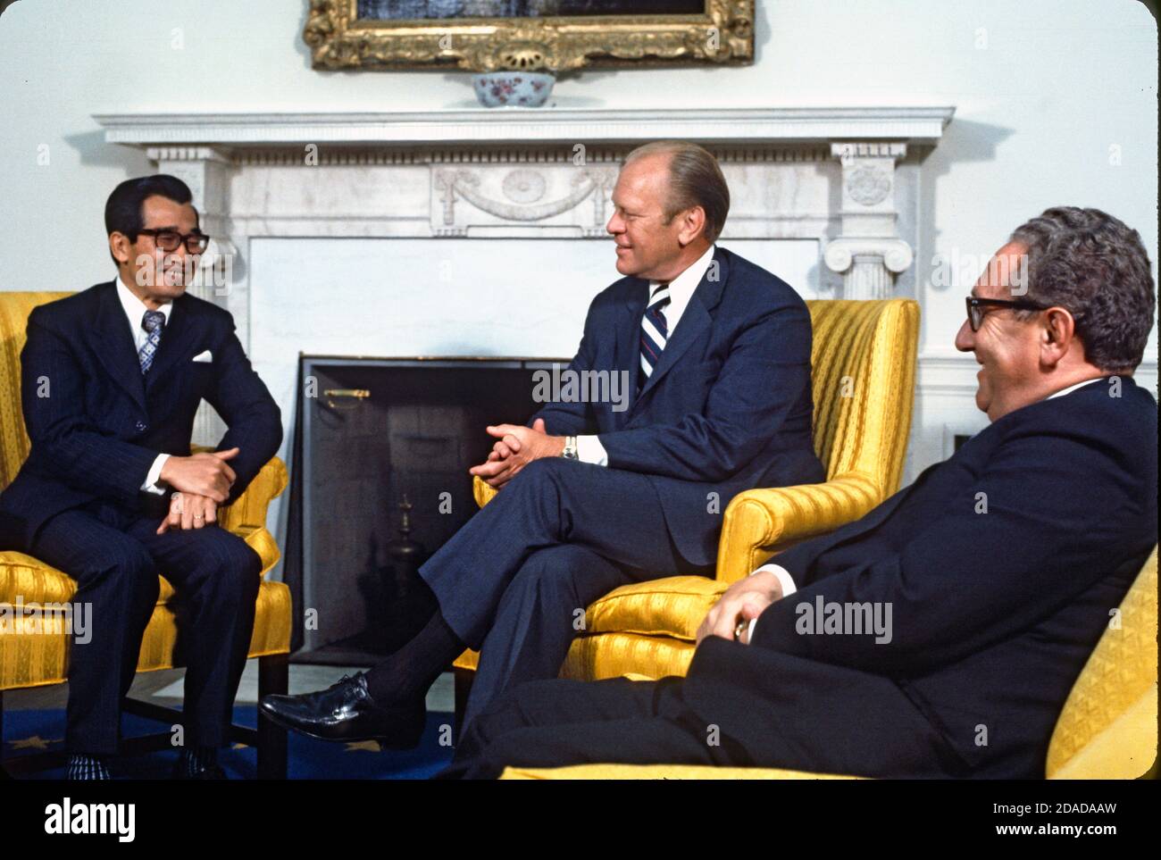 United States President Gerald R. Ford, second right, meets Tran Kim Phuong, Ambassador of the Republic of South Vietnam to the U.S., second left, in the Oval Office of the White House in Washington, DC on August 9, 1974. At right is Dr. Henry A. Kissinger, Secretary of State and Assistant to the President for National Security Affairs.Credit: Arnie Sachs/CNP | usage worldwide Stock Photo