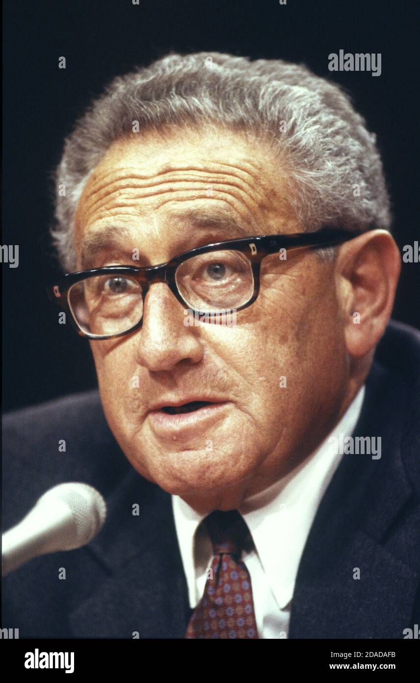 Former United States Secretary of State Dr. Henry A. Kissinger, testifies during a US Senate Foreign Relations Committee hearing on the IMF treaty in Washington, DC on February 23, 1988.Credit: Ron Sachs/CNP | usage worldwide Stock Photo