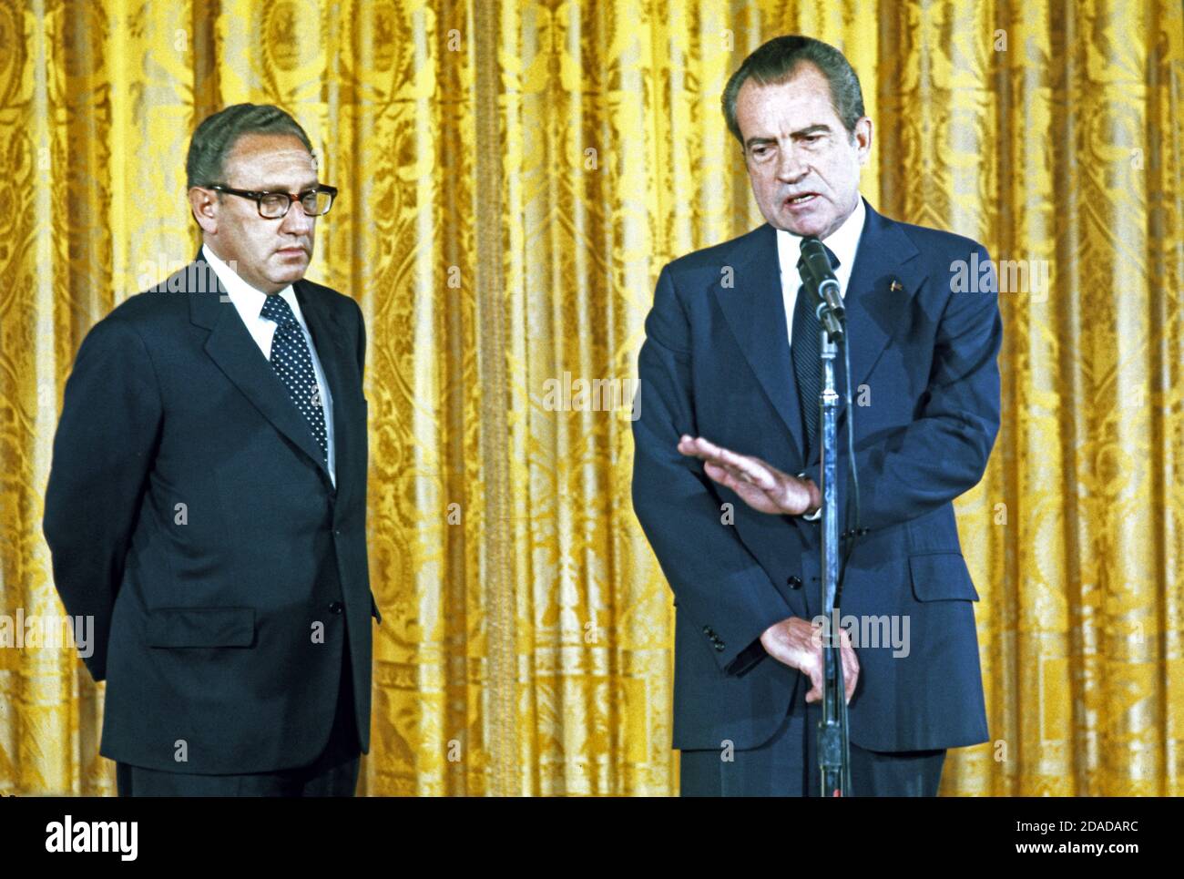 United States President Richard M. Nixon, right, makes remarks prior to Henry A. Kissinger, left, being sworn-in as the 56th United States Secretary of State in the East Room of the White House on September 22, 1973. Kissinger will continue to serve as National Security Advisor. He is the first naturalized citizen to serve as Secretary of State.Credit: Benjamin E. "Gene" Forte - CNP Photo via Credit: Newscom/Alamy Live News Stock Photo