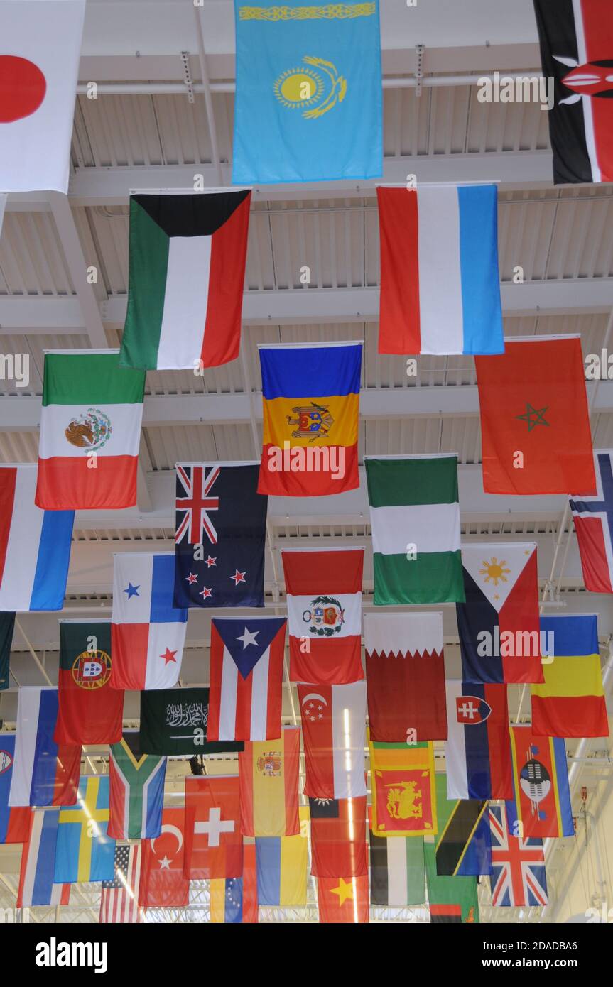 Display of flags from many countries around the world at Boeing Future of Flight in Everett, WA, USA Stock Photo