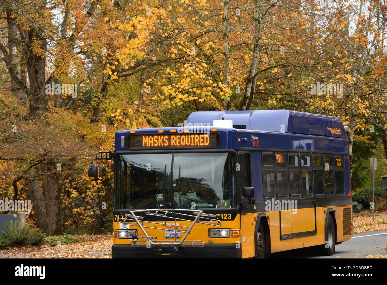 King county metro bus with 'mask required' sign during Covid-19 epidemic at Grass Lawn Park, Redmond, WA, USA. Stock Photo