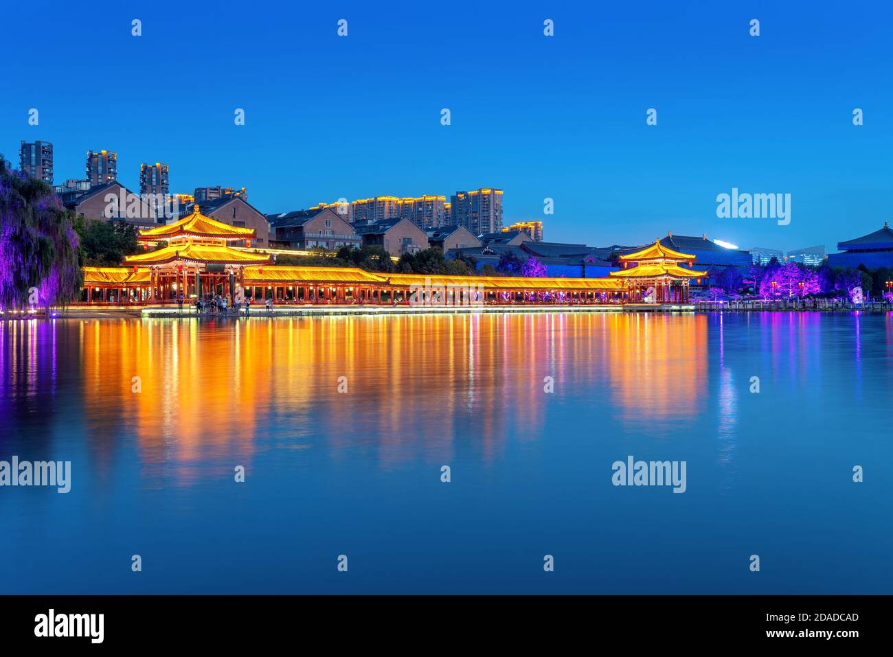 At night, ancient buildings by the lake, Xi'an, Shaanxi, China. Stock Photo