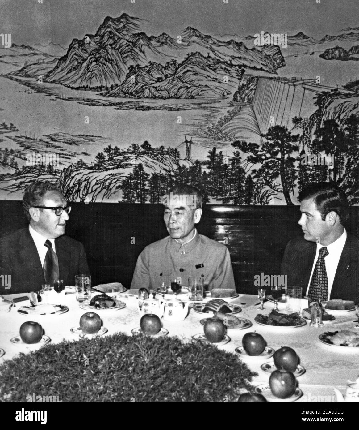 In this photo released by the White House, this photograph was taken at a banquet given by Premier Chou En-lai of the People's Republic of China for the American party in the Great Hall of the People on October 20, 1971.  From left to right: Henry A. Kissinger, Assistant to the President (Nixon) for National Security Affairs; Chou En-lai, Premier of the People's Republic of China; and Dwight L. Chapin, Deputy Assistant to the President (Nixon).Credit: White House via CNP / MediaPunch Stock Photo