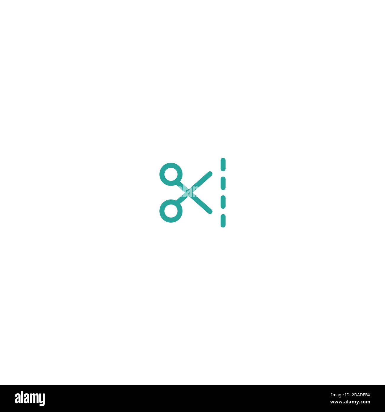 Blue open scissors with stitch line icon isolated on white. Cut sign ...