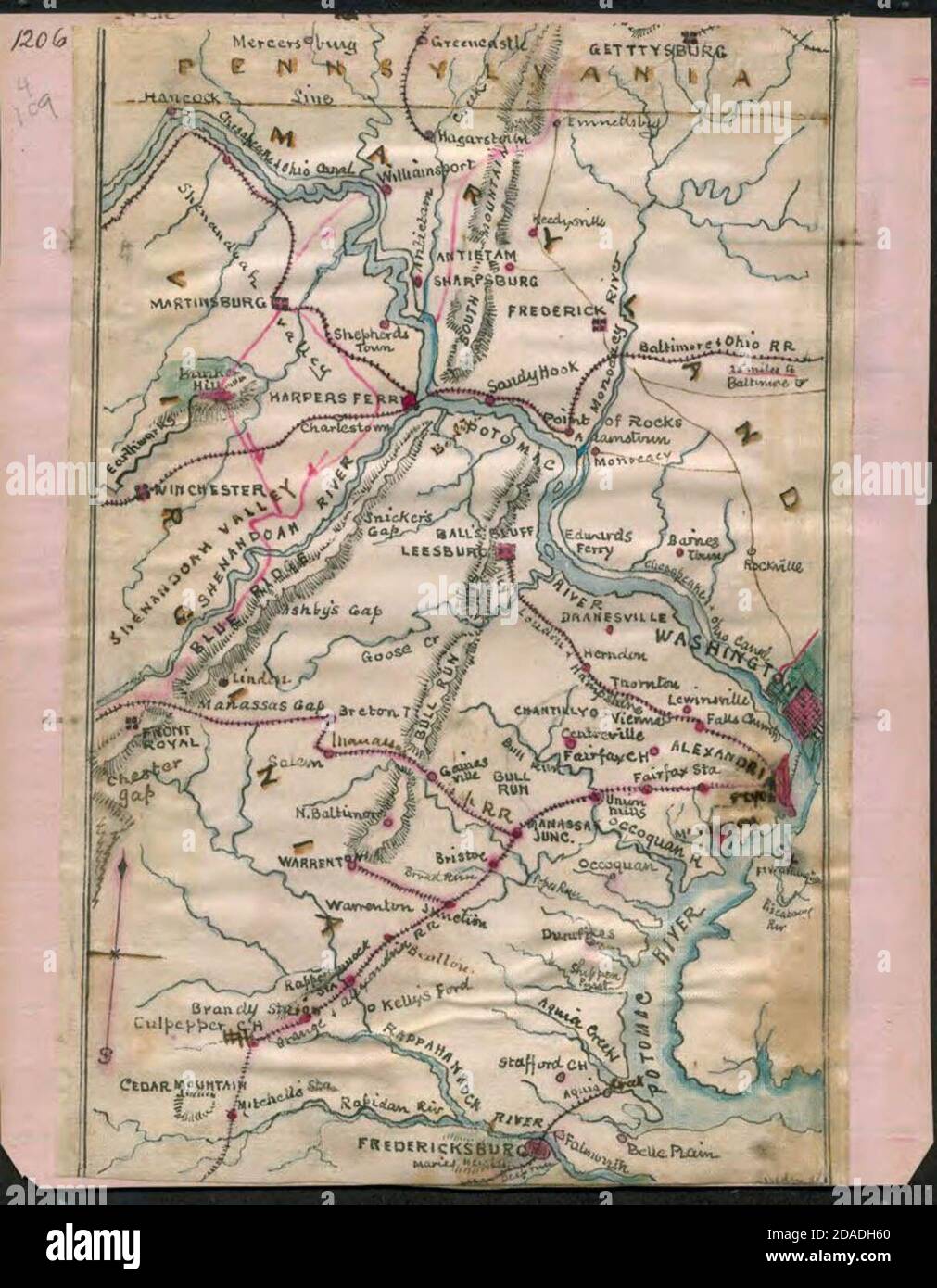Map of the Potomac River and its environs circa 1862 by Robert Knox Sneden. Stock Photo